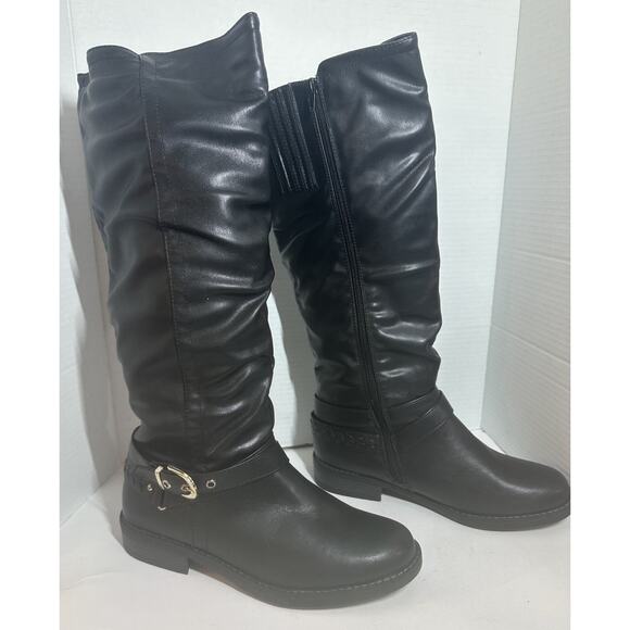 XOXO Marah-C Black Knee High Boots 8.5M Faux Leather Slouch Buckle Zip Riding - Picture 4 of 16